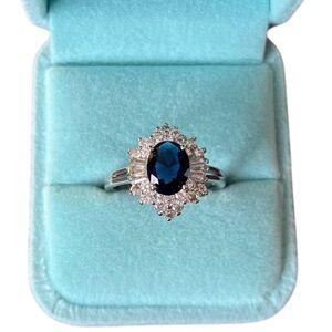 Princess Diana Style Sterling Silver CZ Blue Gemstone Ring